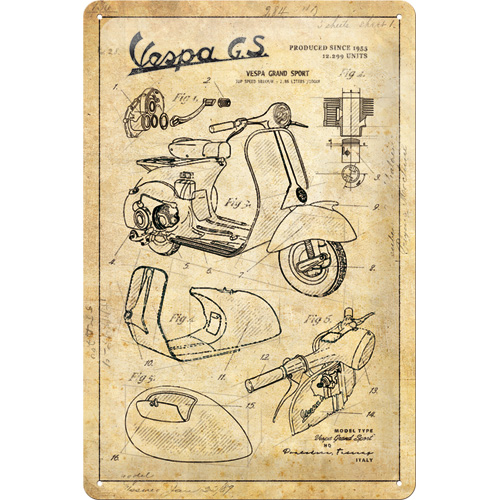 Cartello Vespa - Parts Sketches -  20x30 cm