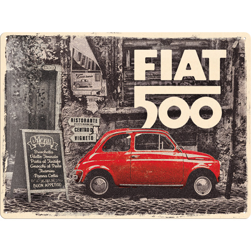 Cartello FIAT 500 . Red Car In The Street - 30x40 cm