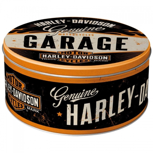 Scatola in metallo rotonda Harley Davidson - Garage, Diam. 21 x h 9 cm